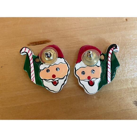 Vintage Hand Painted Santa Claus Christmas Earrings! Candy canes/tree.Front&back - Picture 2 of 3
